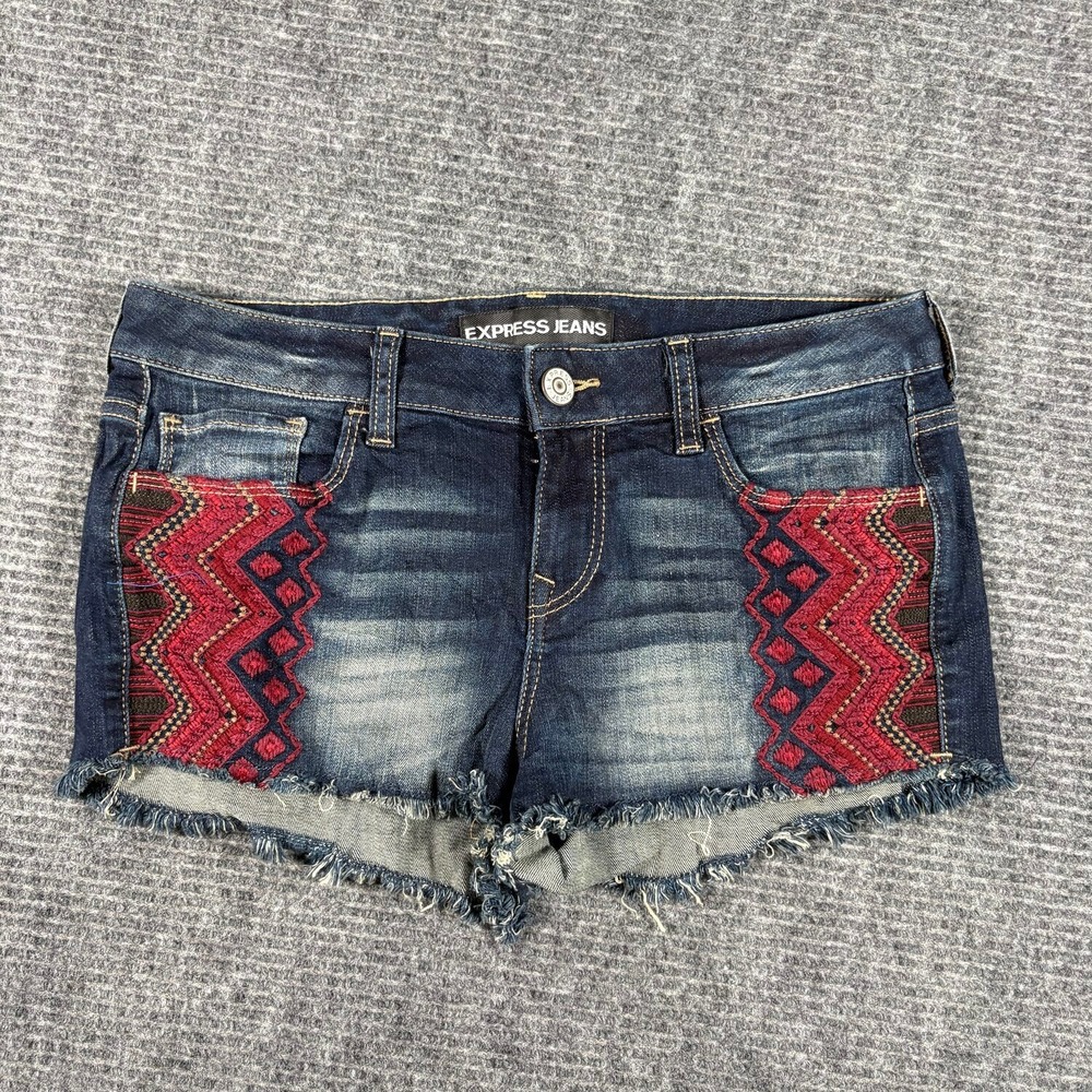 Express Denim Shorts Womens 6 Blue Excellent Embroidered Cut-Off Low Rise Boho